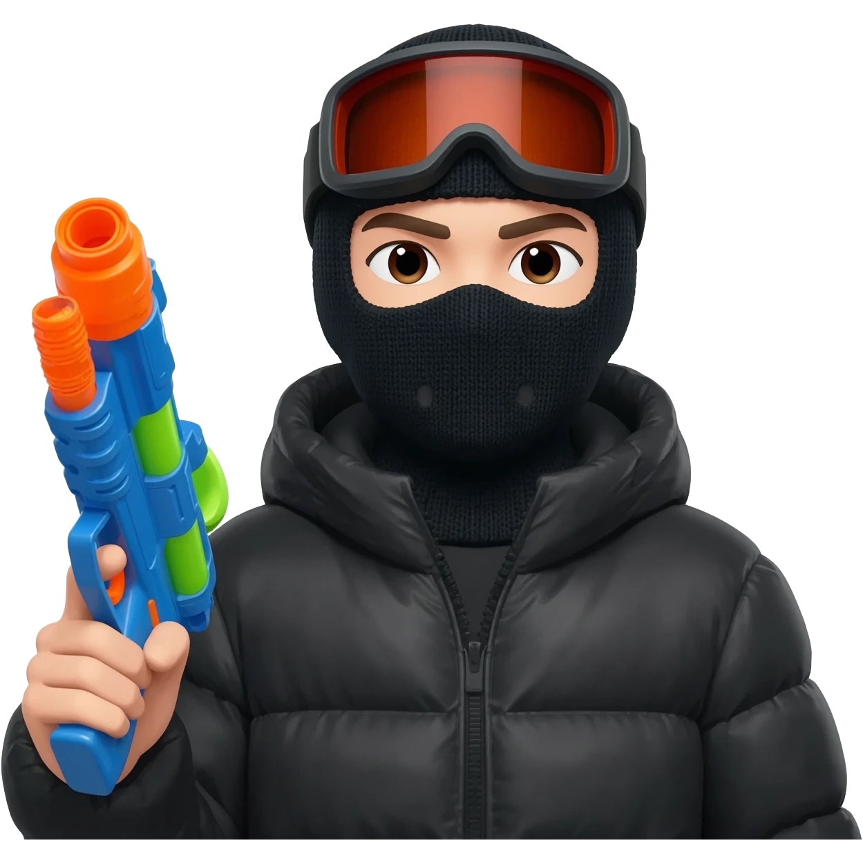 YN with a water gun. He should be in a ski mask, black puffer emoji