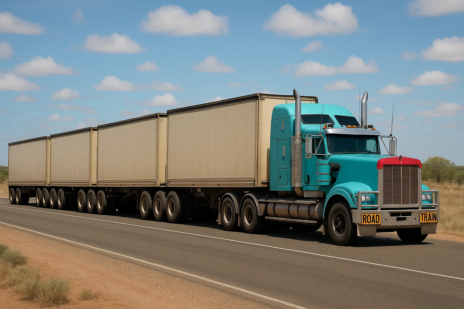 A road train: a semi truck with four trailers, the truck is cyan with a red bug shield, shown from a side angle. emoji