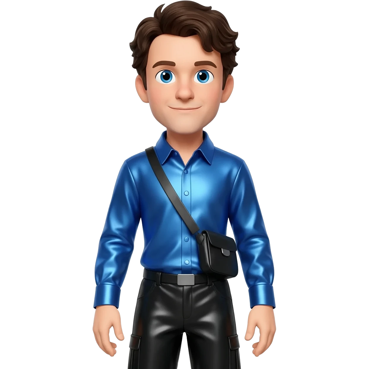 Anthony Field from The Wiggles with  blue eyes, dark brown hair, blue metallic shirt, black metallic baggy pants emoji