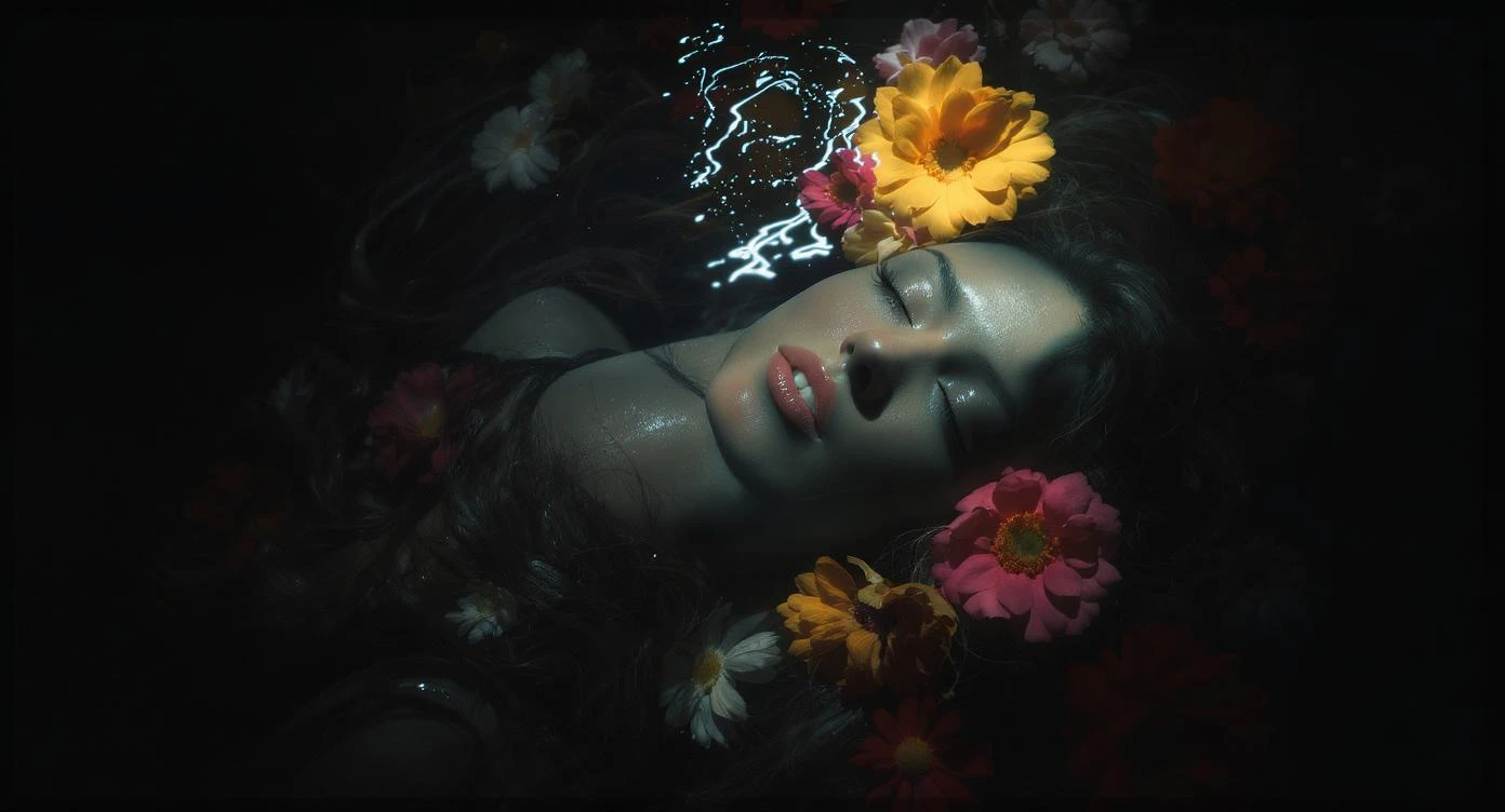 Camera drom top, Motion blur Extreme Closeup photo of a beautifull woman lay around beautifull colorfull flowers in water, cinematic light, 8K, very detailed, sharp, depth (foreground, midground, background) Spotlight, dark environemnt emoji