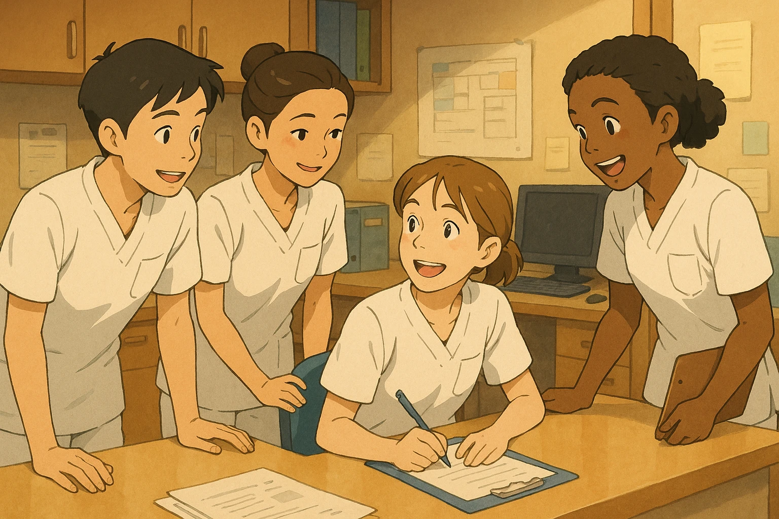 quatre étudiants infirmiers inspirés des photos, en pleine collaboration et interaction dans un poste de soin, ambiance d'équipe chaleureuse, style Ghibli, uniformes blancs à manches courtes, tuniques médicales col en V, poche poitrine côté gauche, pas de pied de col, pas de stéthoscopes, pas de tissus sous les manches, scène dynamique, équipe soudée emoji