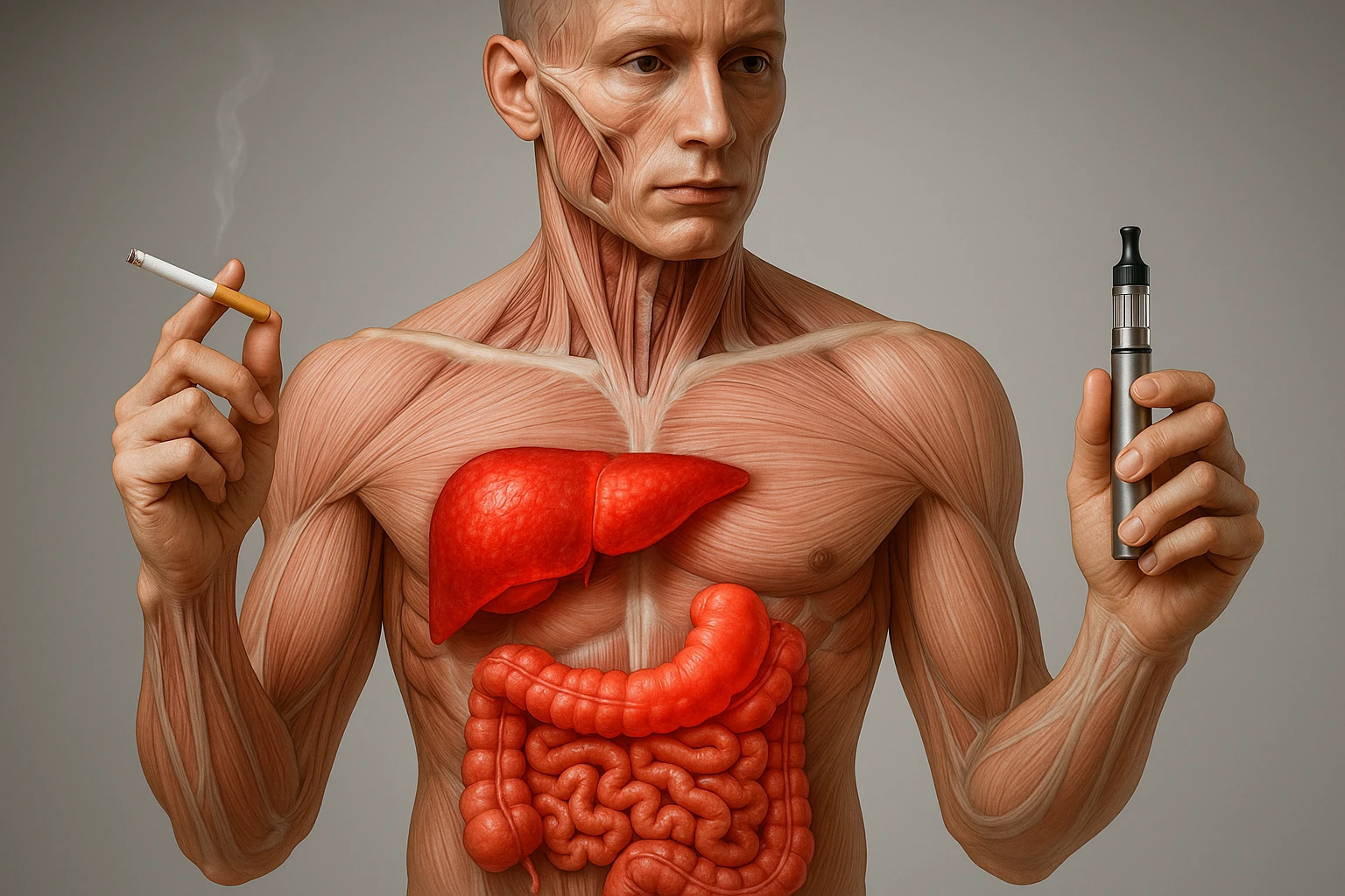 Medical illustration, hyperrealistic 4K, realistic anatomical human body, inflamed liver and intestine highlighted, holding a lit normal cigarette in the right hand and an electronic cigarette in the left hand, clear background, extremely detailed, same lighting and style as the reference image. emoji