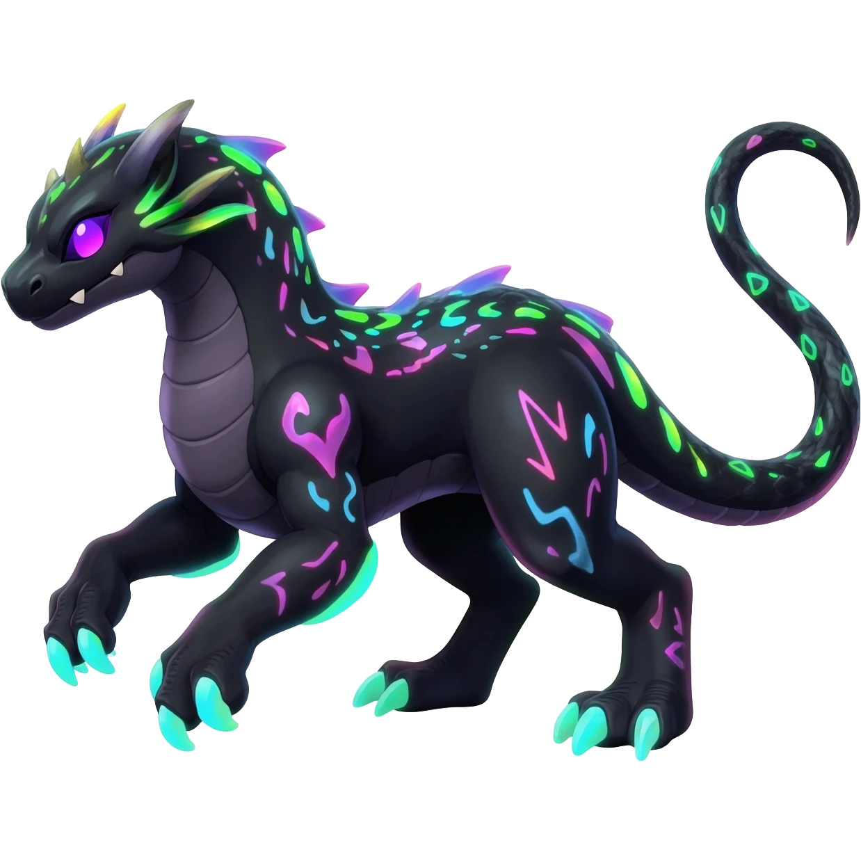 Rare realistic black-scaled neon-glowing bioluminescent edgy badass epic pretty beautiful handsome gorgeous aesthetic colorful vibrant Vernid-Trico-Amaura-species-Fakemon-creature by LiLaiRa, 4 legs, 1 tail, random markings, (full body) emoji
