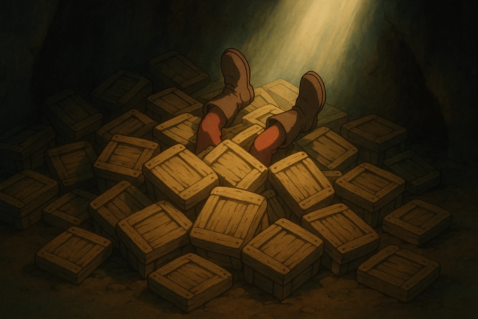 A pile of small oblong crates hidden in a dark area with a beam of light shining from above, with someone’s boots sticking out like they dove in emoji