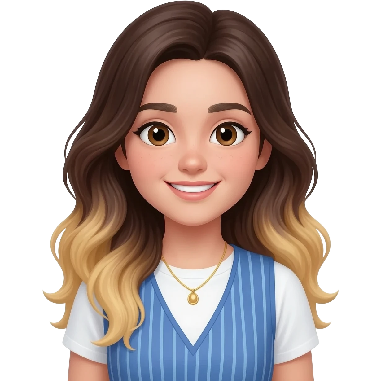 An adult girl with an oval-shaped face and feminine features, long dark brown wavy hair fading to blonde at the ends with light bangs. Thick dark eyebrows, large expressive eyes, and a warm smile. She is wearing a white T-shirt with a blue striped vest and a delicate golden necklace. emoji