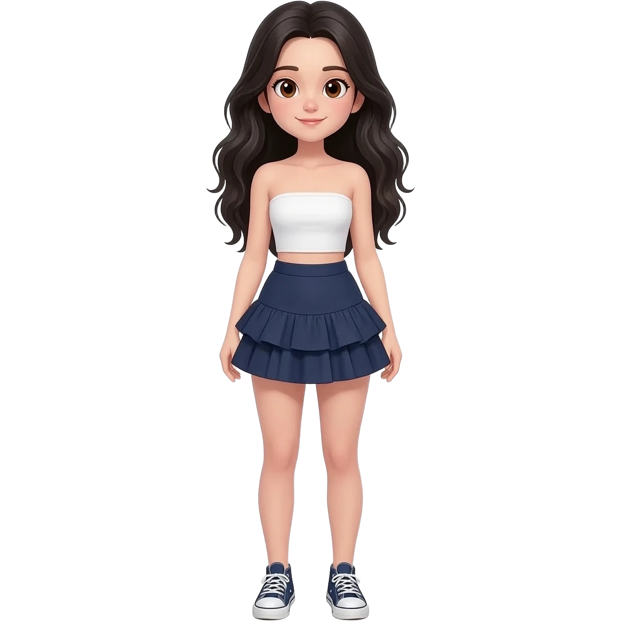 Full body emoji of a tall girl, realistic human proportions, long wavy black hair, fair skin, brown eyes. Wearing white strapless top, navy ruffle skirt, and sneakers. 3D Apple style, white background.
  . emoji