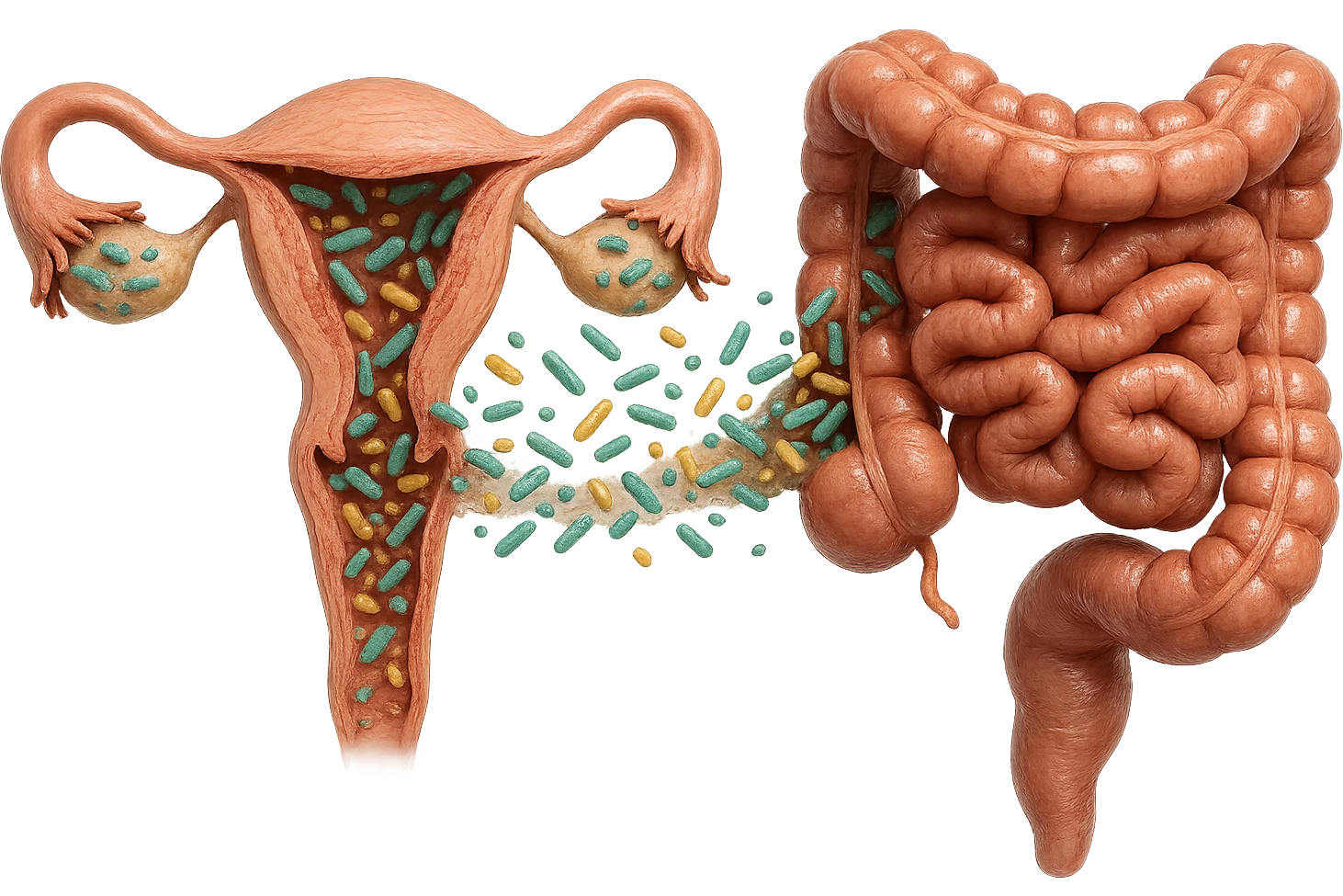 UTERO UMANO E INTESTINO ANATOMICI REALISTICI SONO UNO ACCANTO ALL'ALTRO E SI PASSANO I BATTERI A VICENDA, CON BATTERI CHE ESCONO DALL'INTERNO, IPERREALISTICO 4K, NON DISEGNATO emoji