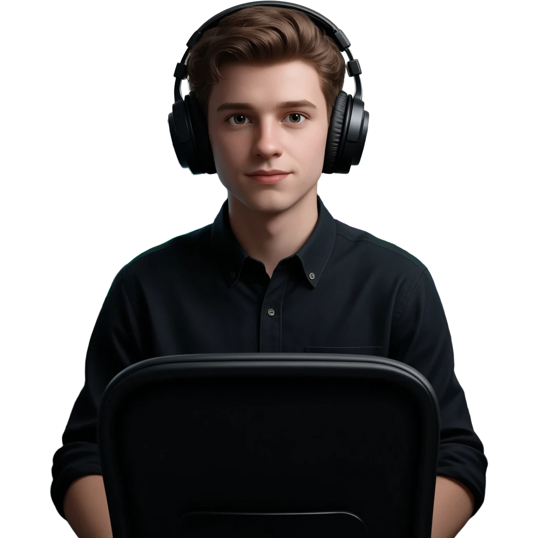 Professional portrait of a young male video editor, confident expression, wearing headphones, sitting at a modern editing workstation with monitors showing video timelines, dark minimal background, cinematic lighting, clean and professional look, high detail, 4k. emoji