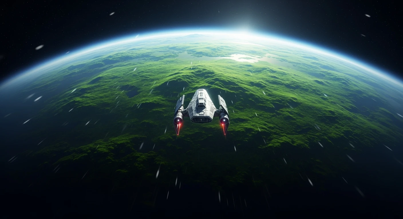 cinematic still, motion blur shutter speed, establishing shot, shot from top, entire globe green planet, single starship coming to planet, inspired by StarWars movie, captured by arri alexa  emoji