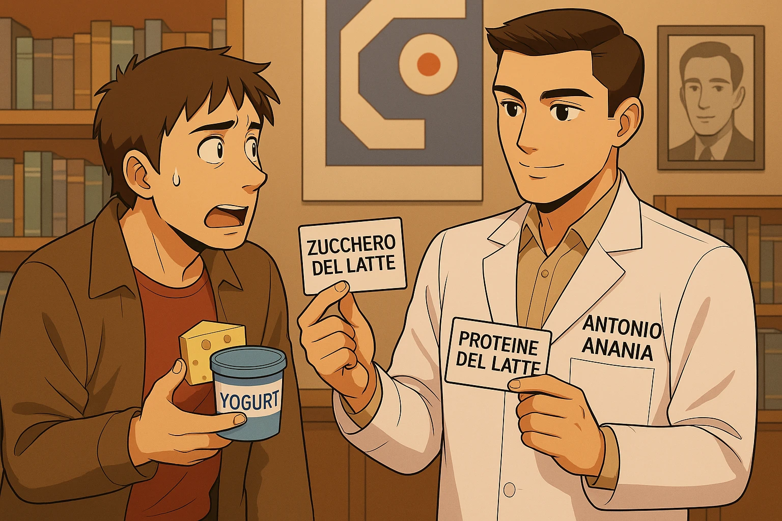 fai un webtoon manga a colori con questo stile, in cui un uomo fa una domanda al kinesiologo con il camice bianco (fagli anche la scritta "ANTONIO ANANIA" SUL CAMICE, l'uomo chiede una cosa mostrando un formaggio e uno yogurt al kinesiologo con il camice, IL KINESIOLOGO annuisce e SPIEGA ALL'UOMO UNA cos. L'UOMO ha un ESPRESSIONE CONFUSA IN VOLTO. non fare i fumetti però, fai solo in modo che sembri stiano parlando emoji