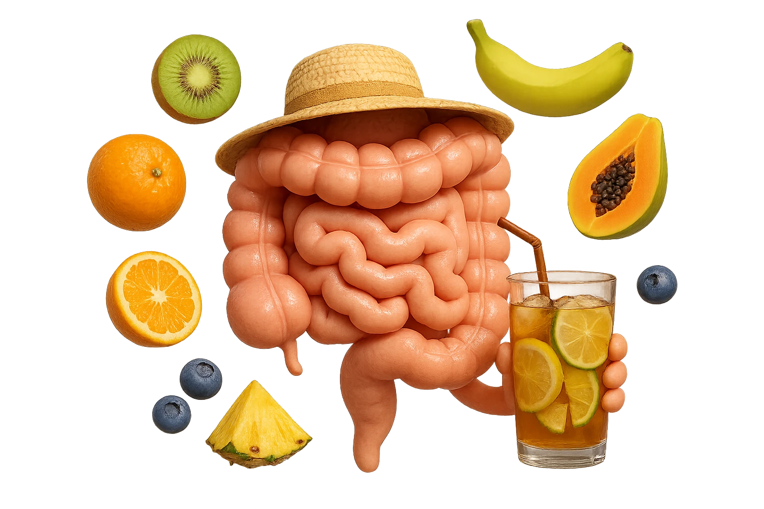 EMOJI STILE IPHONE DI INTESTINO UMANO REALISTICO CON CAPPELLO DI PAGLIA DA SPIAGGIA CHE BEVE UN Tè FREDDO IN BICCHIERE DI VETRO CON DENTRO  fette di cetriolo, limone, lime, DIETRO L'INTESTINO FLUTTUANO PEZZETTI DI Kiwi
Banana acerba
Arance e mandarini
Mirtilli
Ananas
Papaya
IPERREALISTICO 4K emoji