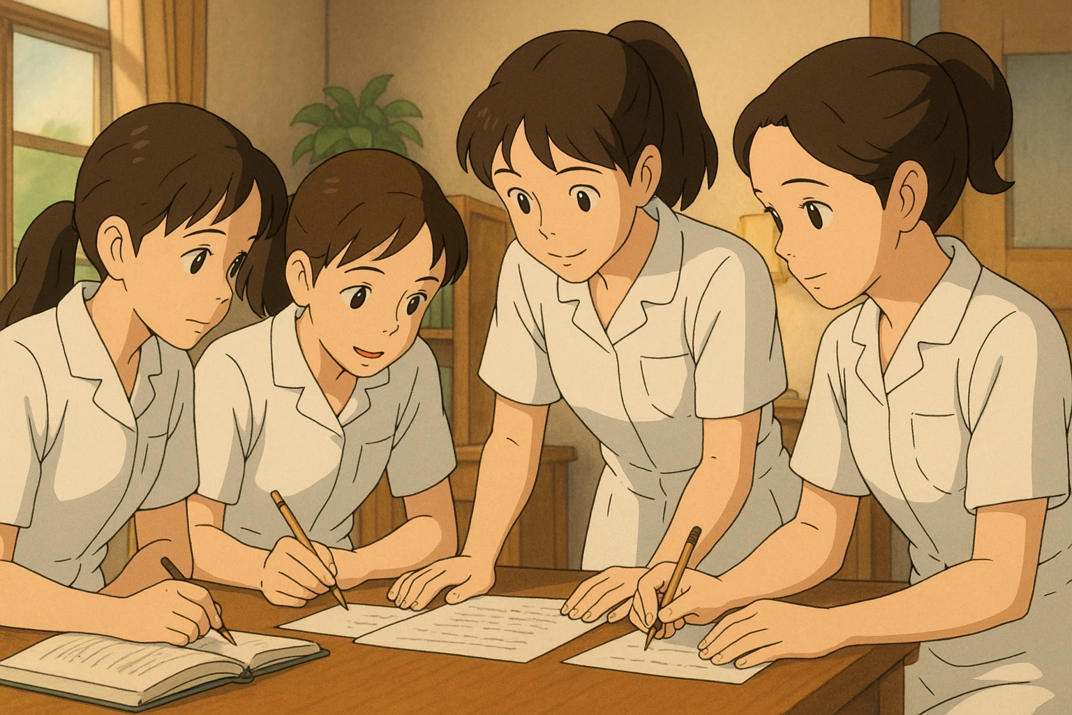 Group of four nursing students working together indoors, white short-sleeve uniforms with V-neck and left chest pocket, bare forearms, long hair tied back, no stethoscopes or collar stand, faces inspired by references, Ghibli style emoji