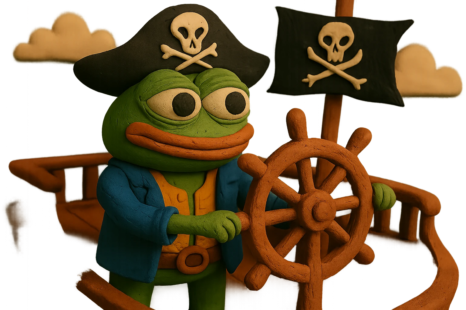 Add the exact skull and crossbones symbol to the pirate flag and the pirate hat in the claymation style image of Pirate Pepe the Frog at the helm of a pirate ship with waves and sky in the background. emoji