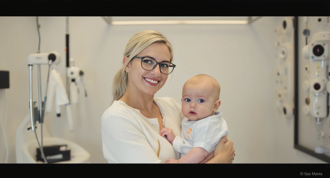 Cinematic still, Proffesional advertising of a smiling european white woman with glasses smiling holding baby, minimalistic ophthalmologist interior in background, leading  lines, "rule of thirds", 60/30/10 colors, soft light, warm colors, frame within a frame emoji