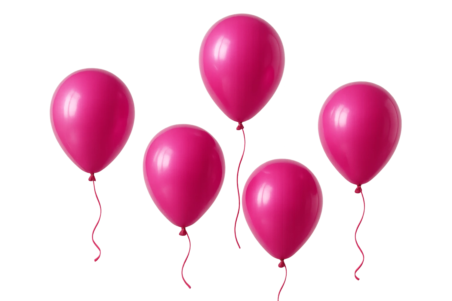 5 palloncini magenta fluttuano in aria isolati su sfondo bianco, iperrealistico 4k emoji