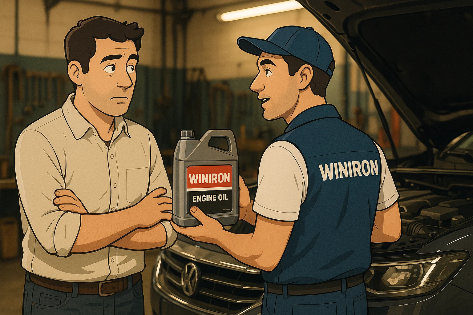 Create a realistic automotive workshop scene. Two men are standing next to a car with its hood open. One man is a customer listening attentively. The other man is a Winiron employee wearing a white T-shirt and a blue vest with a “WINIRON” logo on the back. The Winiron employee is holding and recommending a Winiron engine oil canister. Background shows a workshop interior with tools, soft warm lighting, realistic reflections on the car body. Cinematic, detailed, 8K hyper-realistic, professional commercial photography style. emoji
