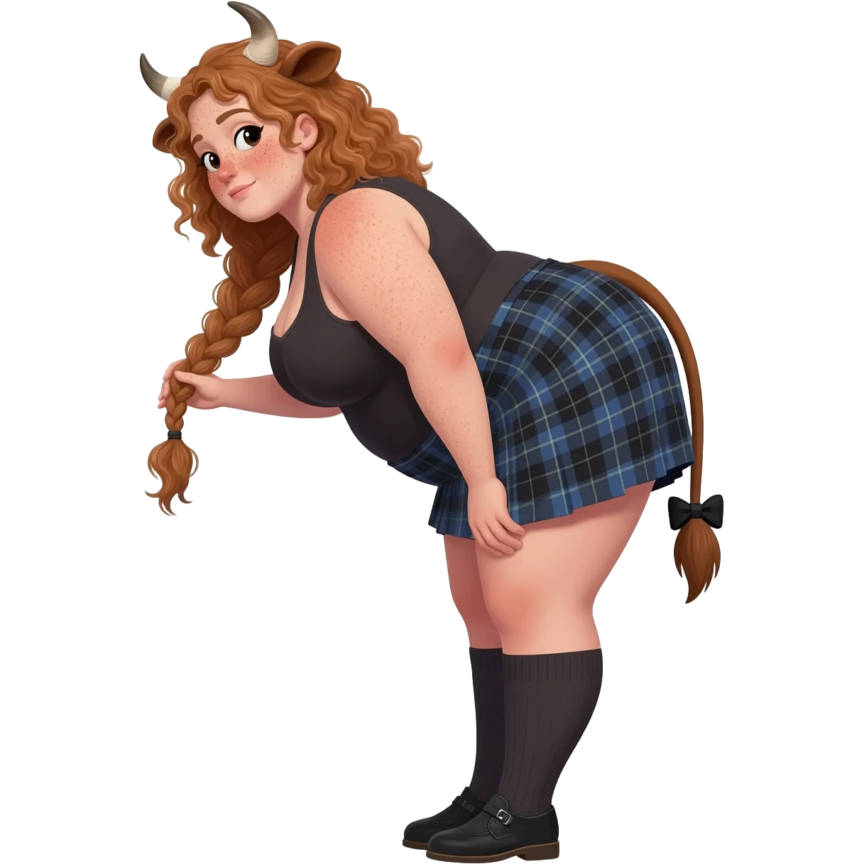 shy buff curly woman with frecles with light brown messy hair leans forward touches her braid with her strong fat thights with cow horns and cow brown ears with big butt in a short scottish kilt with a brown cow tail with a black bow at the base of the tail and with knee socks and sshoes side view emoji