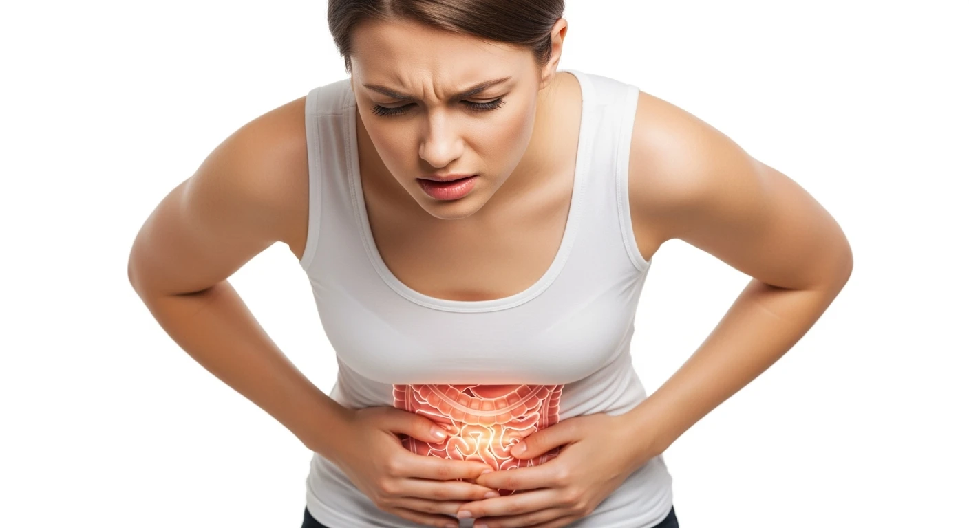 donna piegata in avanti frontalmente con mal di pancia, espressione di dolore in volto in primo piano e intestino anatomico in evidenza, iperrealistico 4k, sfondo bianco emoji