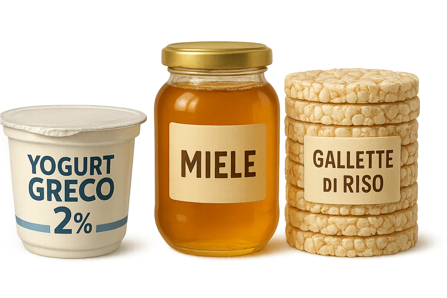 Yogurt Greco 2%
Miele
Gallette di Riso
vista frontale, iperrealistico 4k emoji