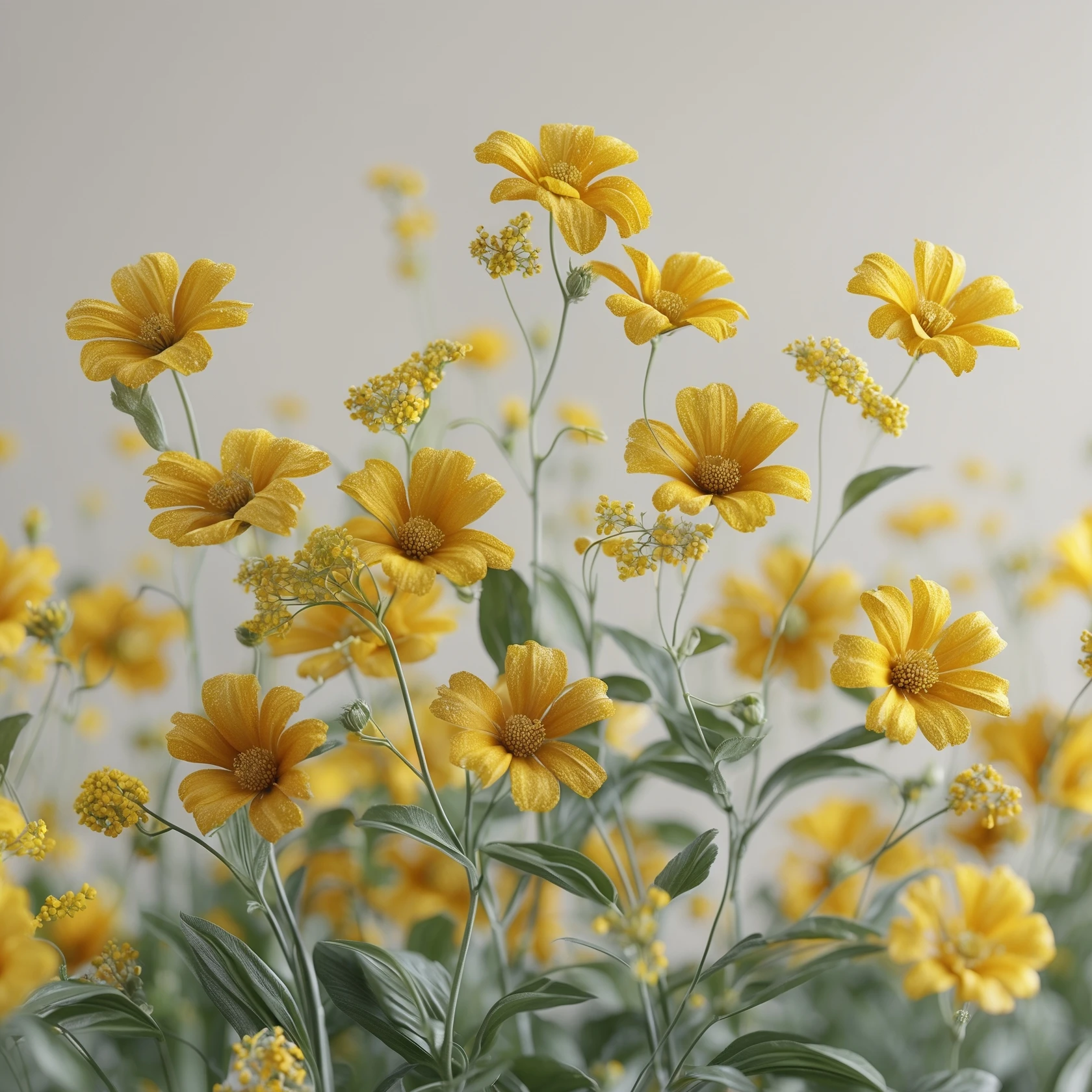 3D volumetric yellow wildflowers with realistic details, clean background, modern look, photo-inspired, in Phoenix style emoji