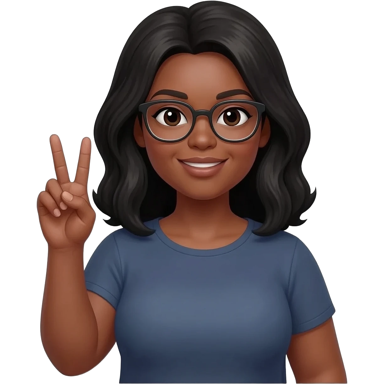 african american woman, black hair past shoulder, with glasses, a little heavy set, putting up peace sign with hand emoji