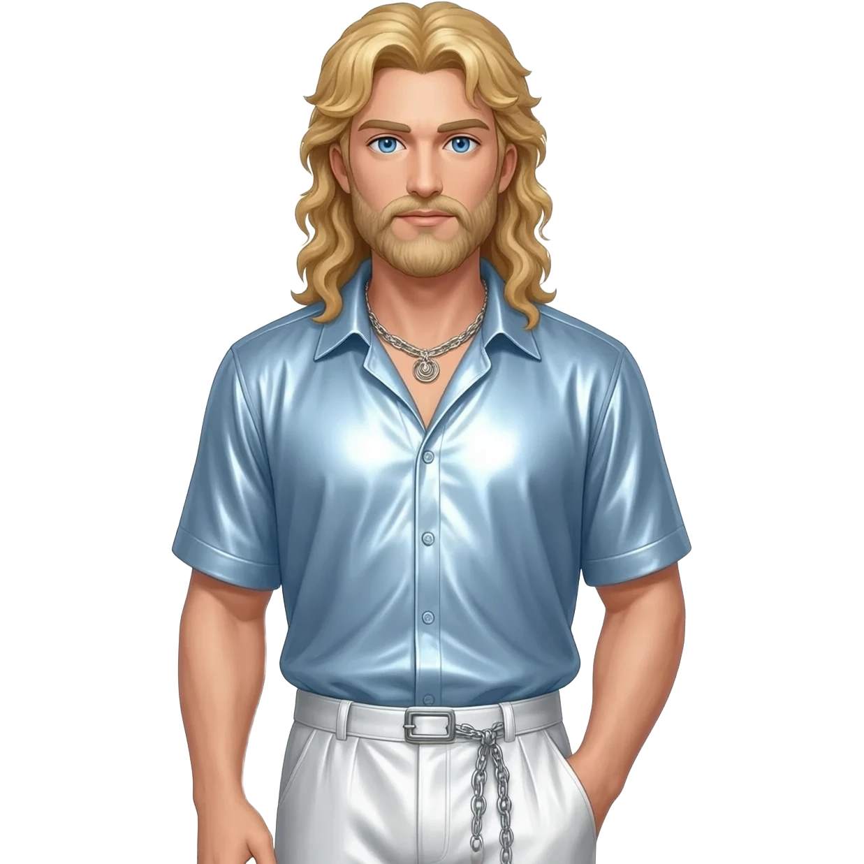 Zeus from Greek Mythology with blue eyes, long blonde hair, light steel blue metallic shirt, white metallic baggy pants, silver necklace emoji