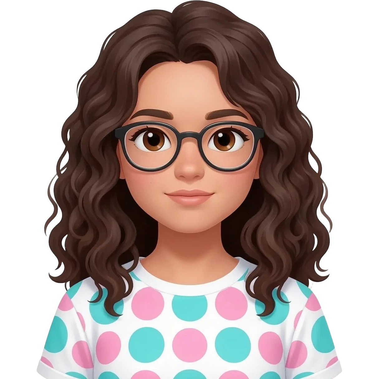 fille blanche bronzé un peu, avec une coupe de cheveux carré long frisé/bouclé/créou, faire des boucles "anglaises", brun foncé, yeux marron, lunettes, et t-shirt blanc à motif rose et turquoise emoji