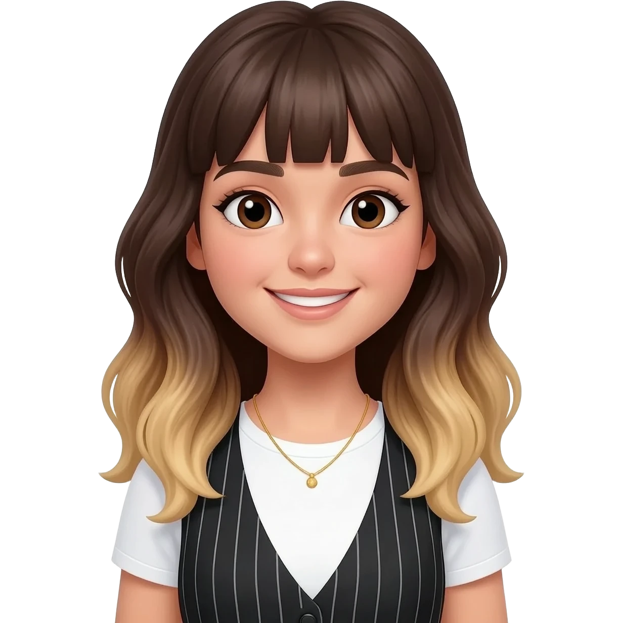 An adult girl with an oval-shaped face and feminine features, long dark brown wavy hair fading to blonde at the ends with light bangs. Thick dark eyebrows, large expressive eyes, and a warm smile. She is wearing a white T-shirt with a black striped vest and a delicate golden necklace. emoji