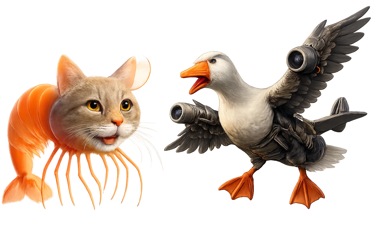 Combine the two creatures side by side in one image. The cat-shrimp should have a happy expression and the goose-plane should have an angry expression. Keep their original colors, details, and realistic style unchanged. Use a transparent background. emoji