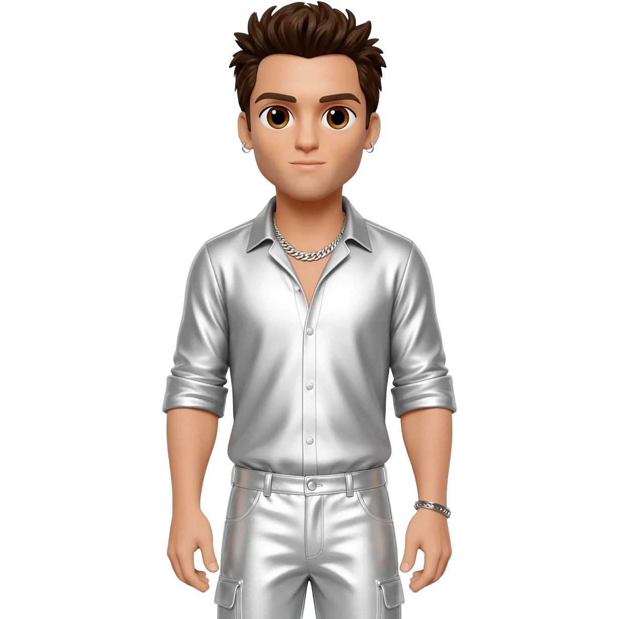 AJ McLean from Backstreet Boys with brown eyes, dark brown hair, white metallic shirt, white metallic baggy pants, silver necklace emoji