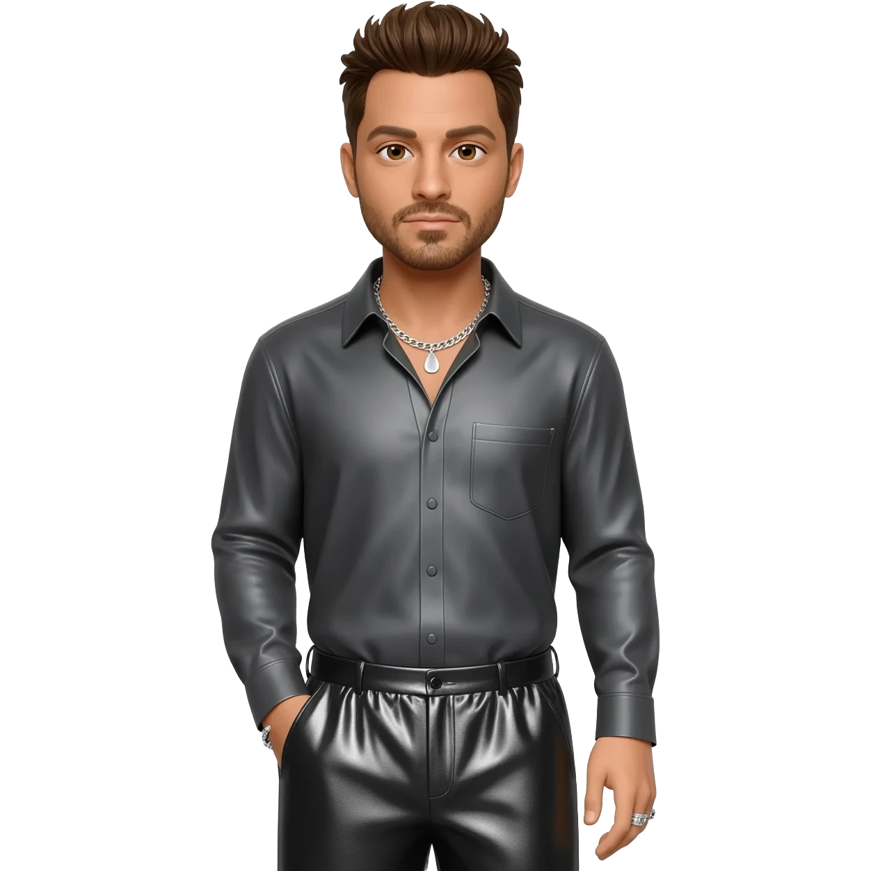 Ricky Martin with brown hair, dark gray metallic long sleeve shirt, black metallic baggy pants, silver necklace emoji