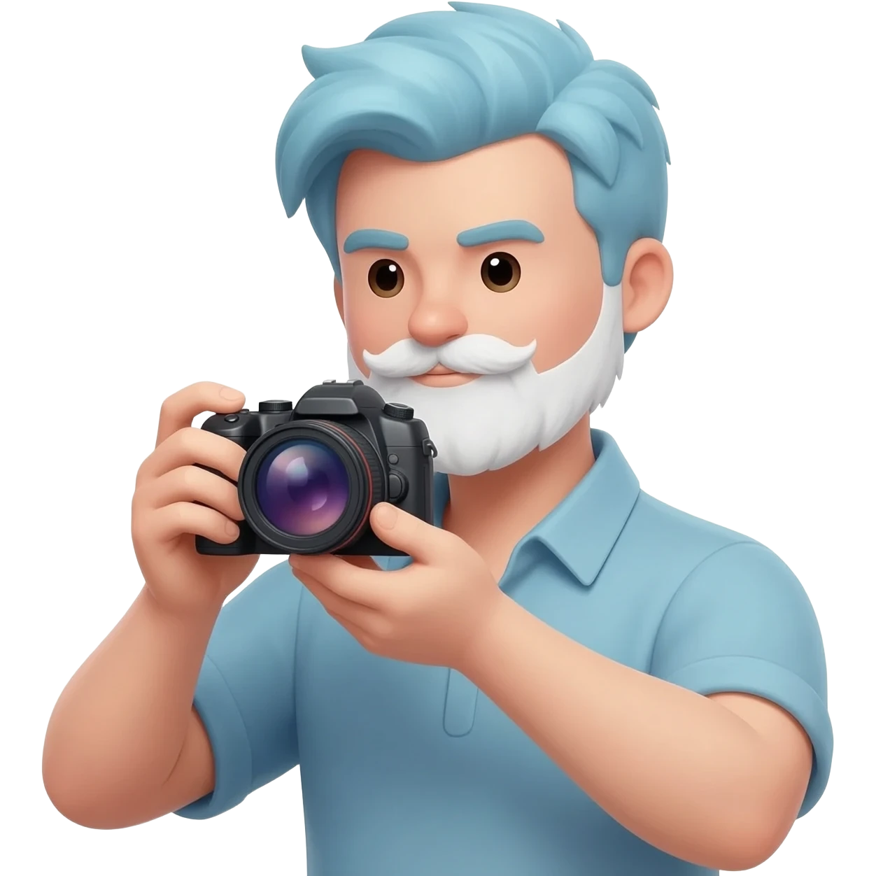 A man with light blue curtains hair and white mustache taking a picture emoji