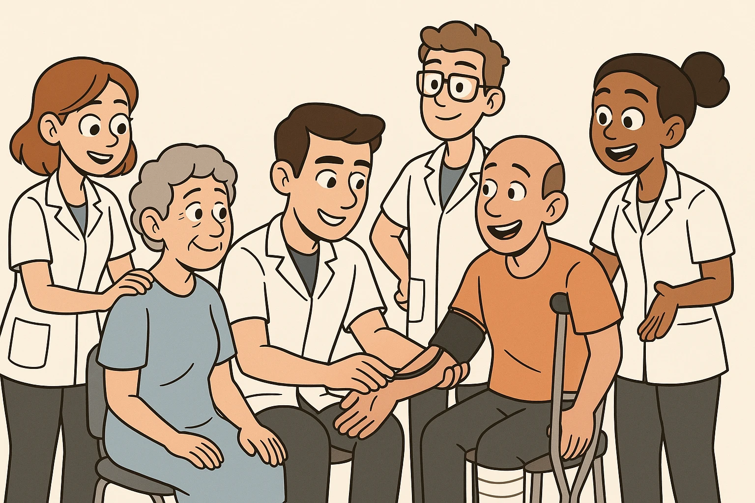 four nursing students in practical activity with patients, all wearing short-sleeved white coats, no stethoscope, professional interaction, modern cartoon style, light background emoji