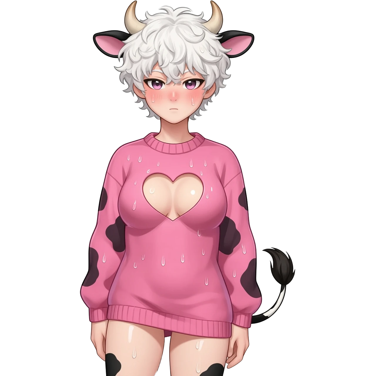 A buff curly white-haired femboy with blush on cheeks with enormous breasts and plump thighs, cow horns and cow ears down, and a cow tail, wearing a long pink sweater with a heart-shaped boob window. out his whole body glistening with sweat eyes down emoji