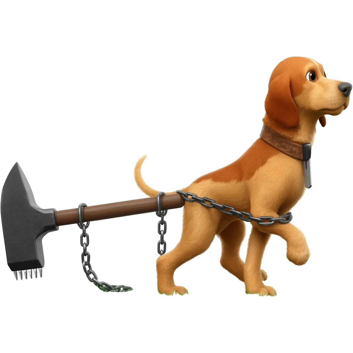 Pack hound pulling an anvil with a electric shaver trimming a path along green grass by leads or chains emoji