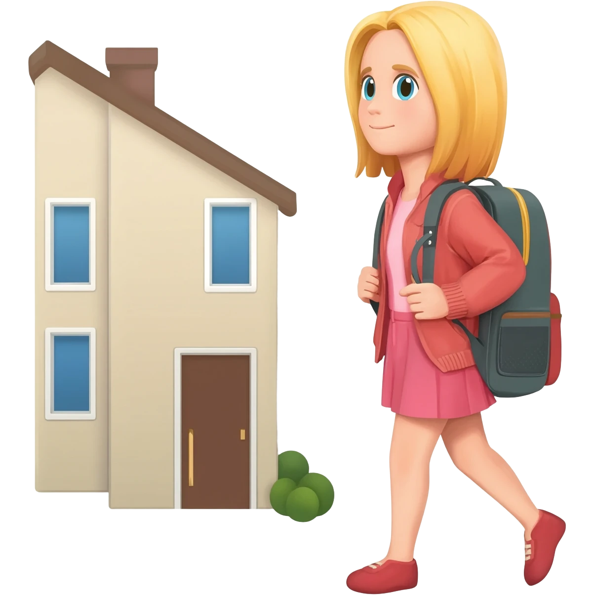 haz una chica rubia saliendo de su casa con mochila emoji