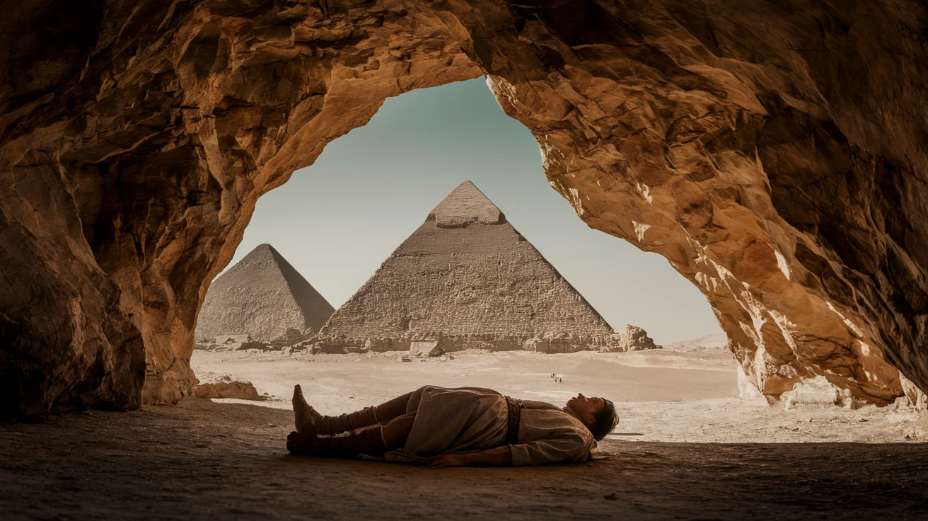 cinematic still, documentary photography, acient egypt, back shot of a man dress in ancient clothes in cave (frame in frame effect) on ground laying front of small ufo starship, palms, dynamic scane, leading lines, captured by arri alexa, depth layers, piramids in babckground emoji