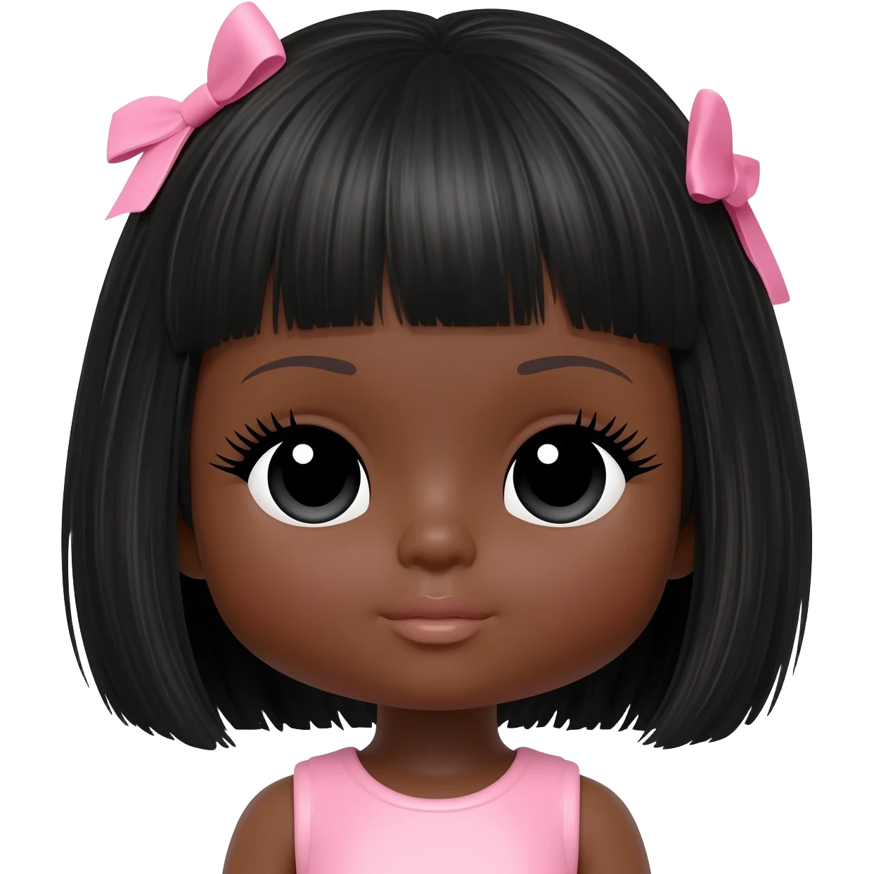 bimbo Doll with darkbrown skin with mid length black hair with pink bows, lashes, cute lips emoji