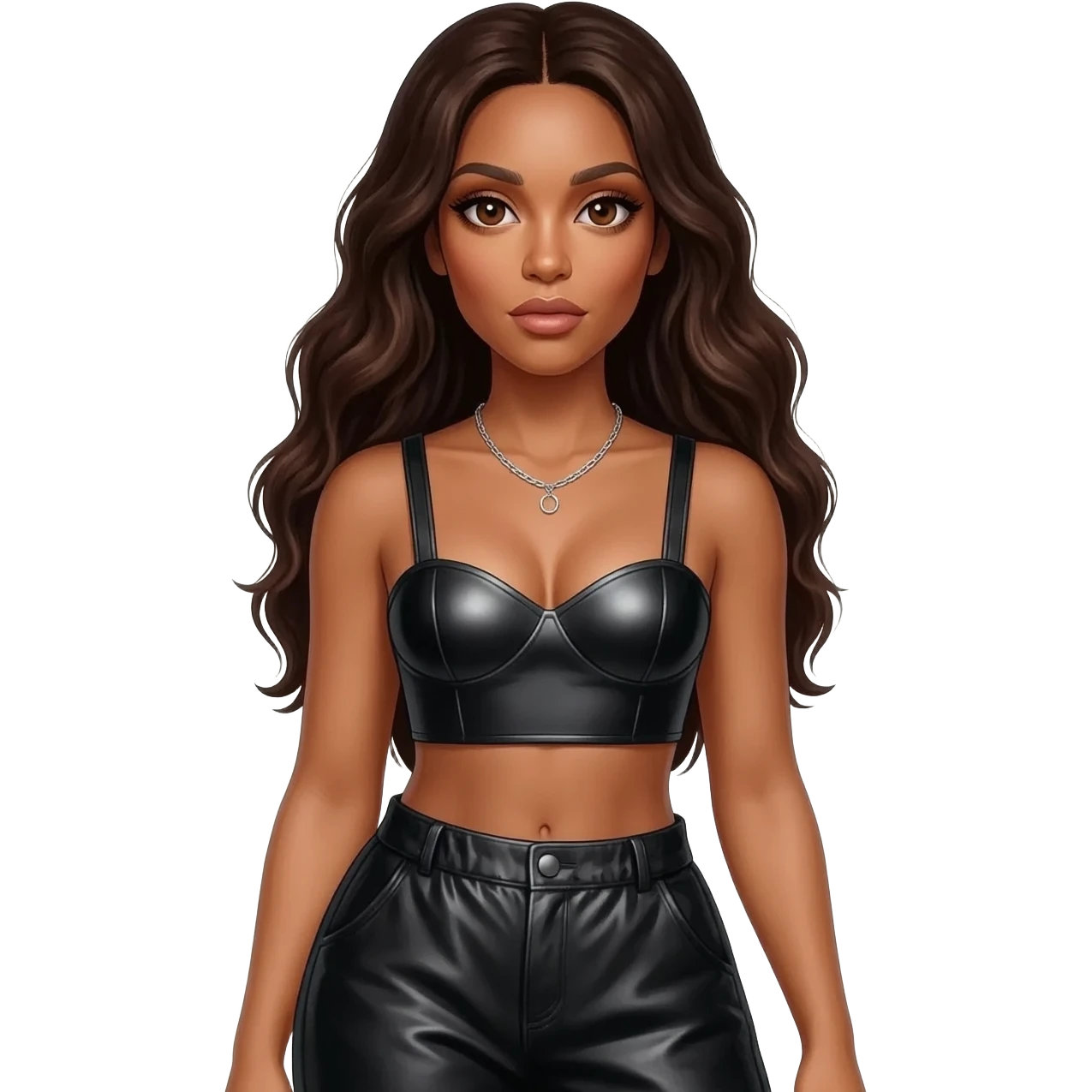 Aaliyah with brown eyes, long dark brown hair, black metallic sweetheart crop top, black metallic baggy pants, silver necklace emoji