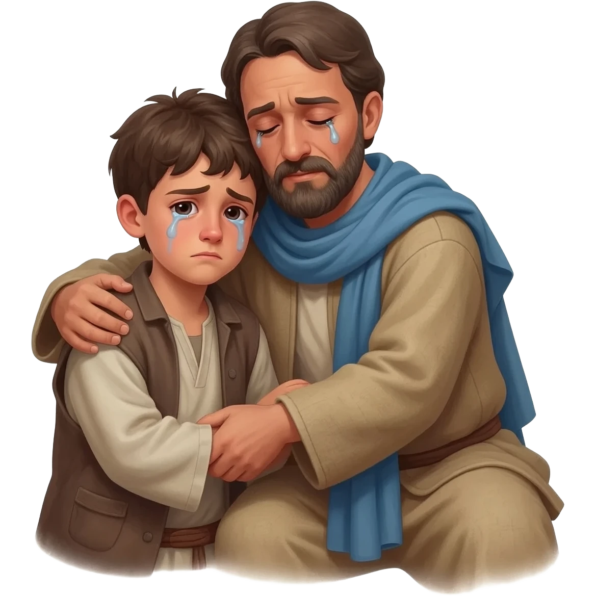 нарисуй как отец со слезами  обнимет с любовью и слезами  сына в рвной одежде  возростом 20-24  года во весь рост  ,  времена древнего иерусалима emoji