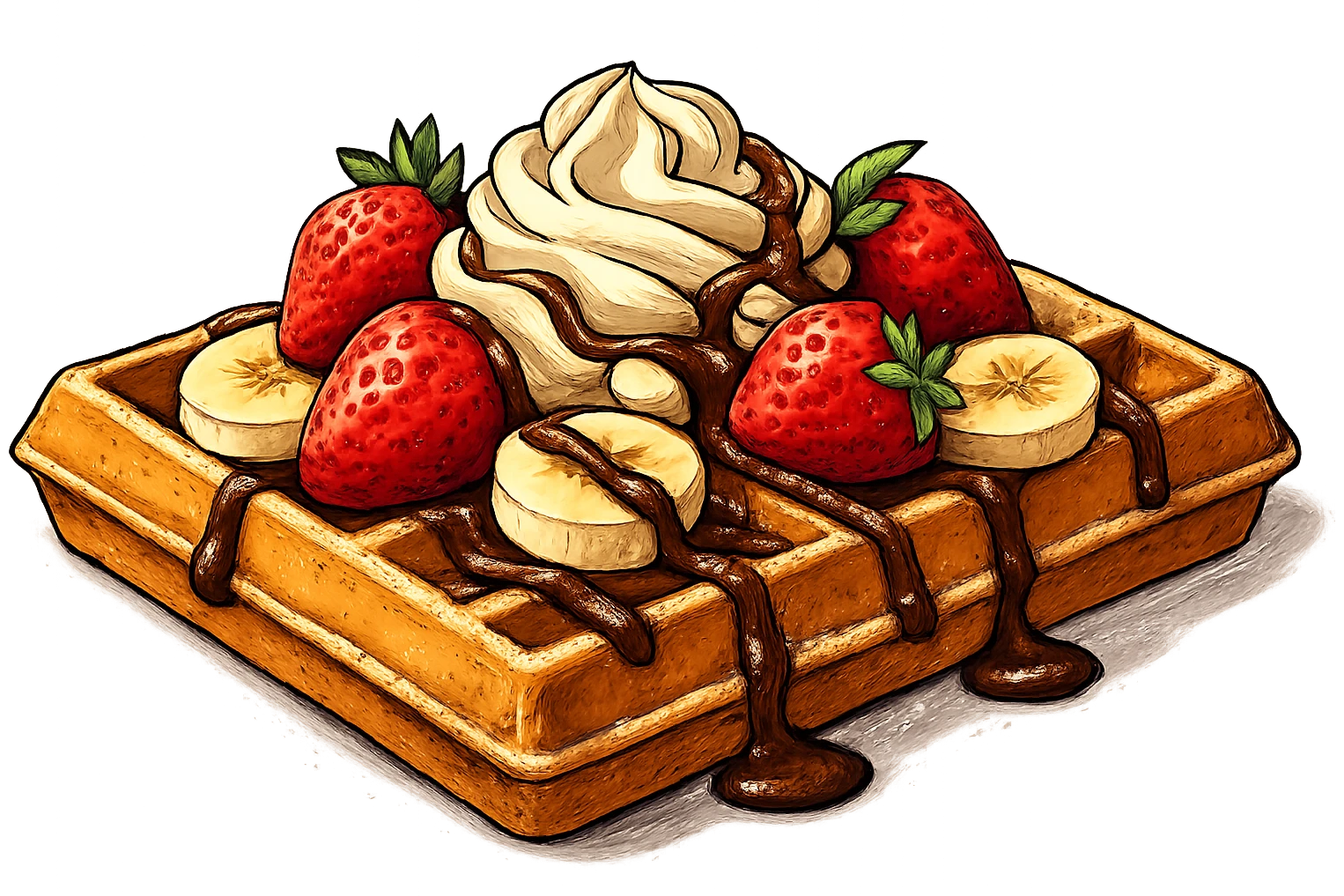 В слегка рисованном, но при этом ярком и объемном стиле с четкими линиями составь фотореалистичную композицию, где горизонтально лежит классическая брюссельская вафля с клубникой и бананом, сливочными кремом, политая шоколадом и посыпанная сахарной пудрой, профессиональный свет, подчеркивающий объем, сделай картинку более широкой, прозрачный фон emoji