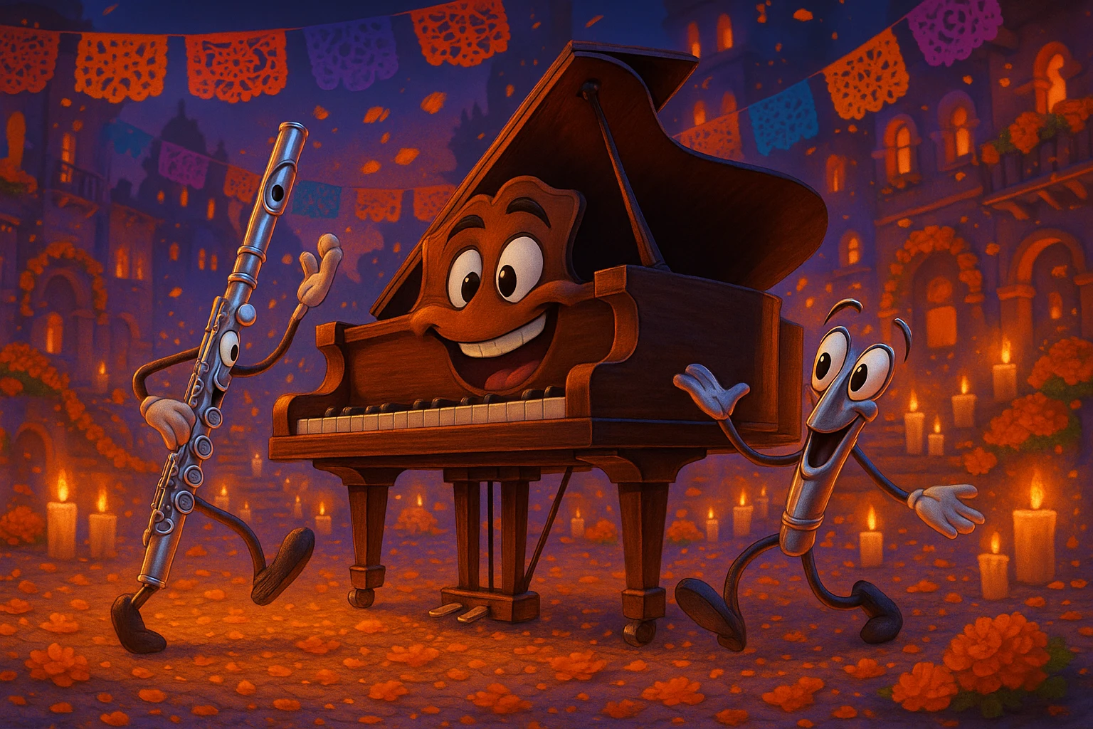(Style film coco de pixar ) un piano au royaume des mort danse avec une flûte  emoji