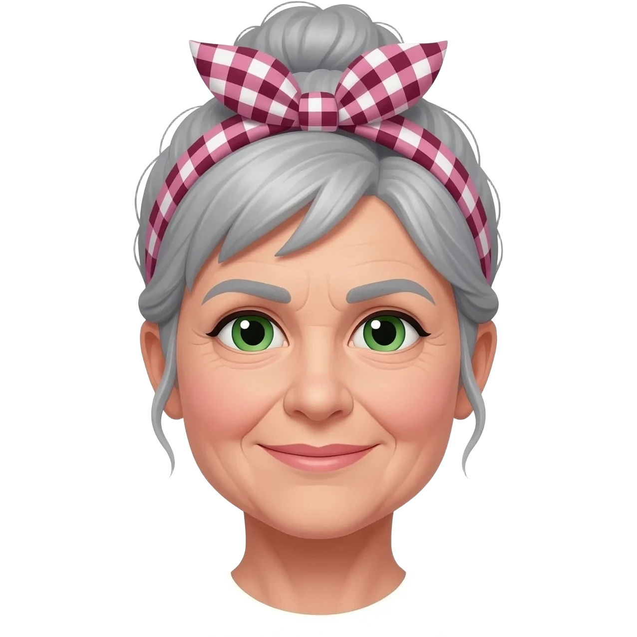 MUJER MEDIANA EDAD, PELO GRIS, MOÑO INFORMAL DESPEINADO, GAOJOS VERDES Y CON BABI DE MAESTRA CUADROS ROSAS/GRANATE/BLANCOS emoji