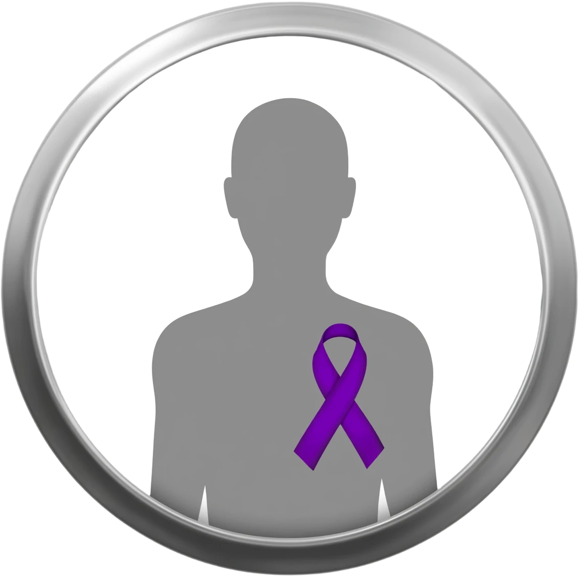 Apple iOS–style 3D emoji: round silver mirror, front view. In reflection, neutral silhouette with large violet awareness ribbon (classic looped cause-support ribbon) on chest, only visible in reflection. White background, soft shadow. emoji