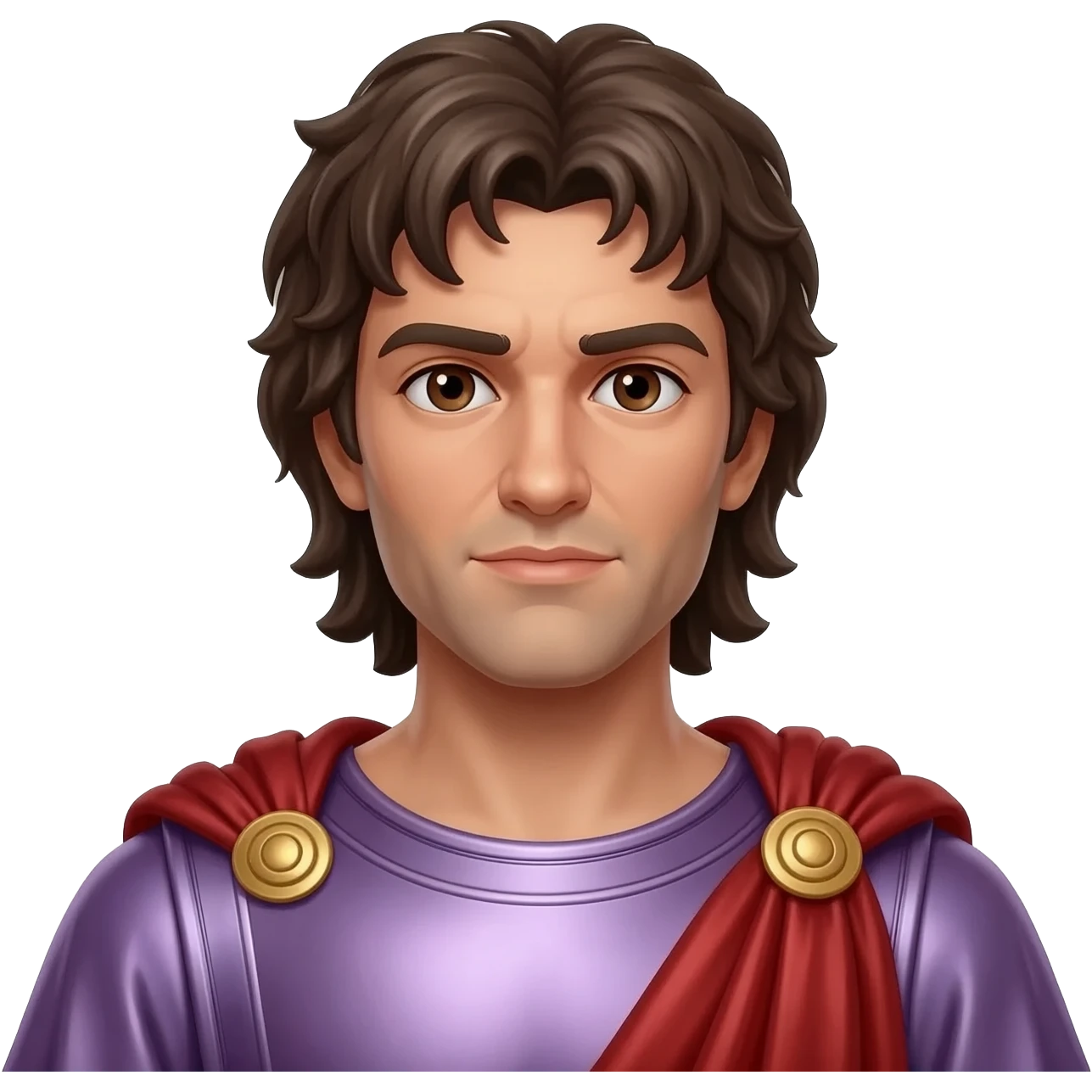 Hephaestion of Macedon from Rome Mythology with dark brown eyes, long dark brown hair, pale purple metallic tunic, red metallic cloak emoji