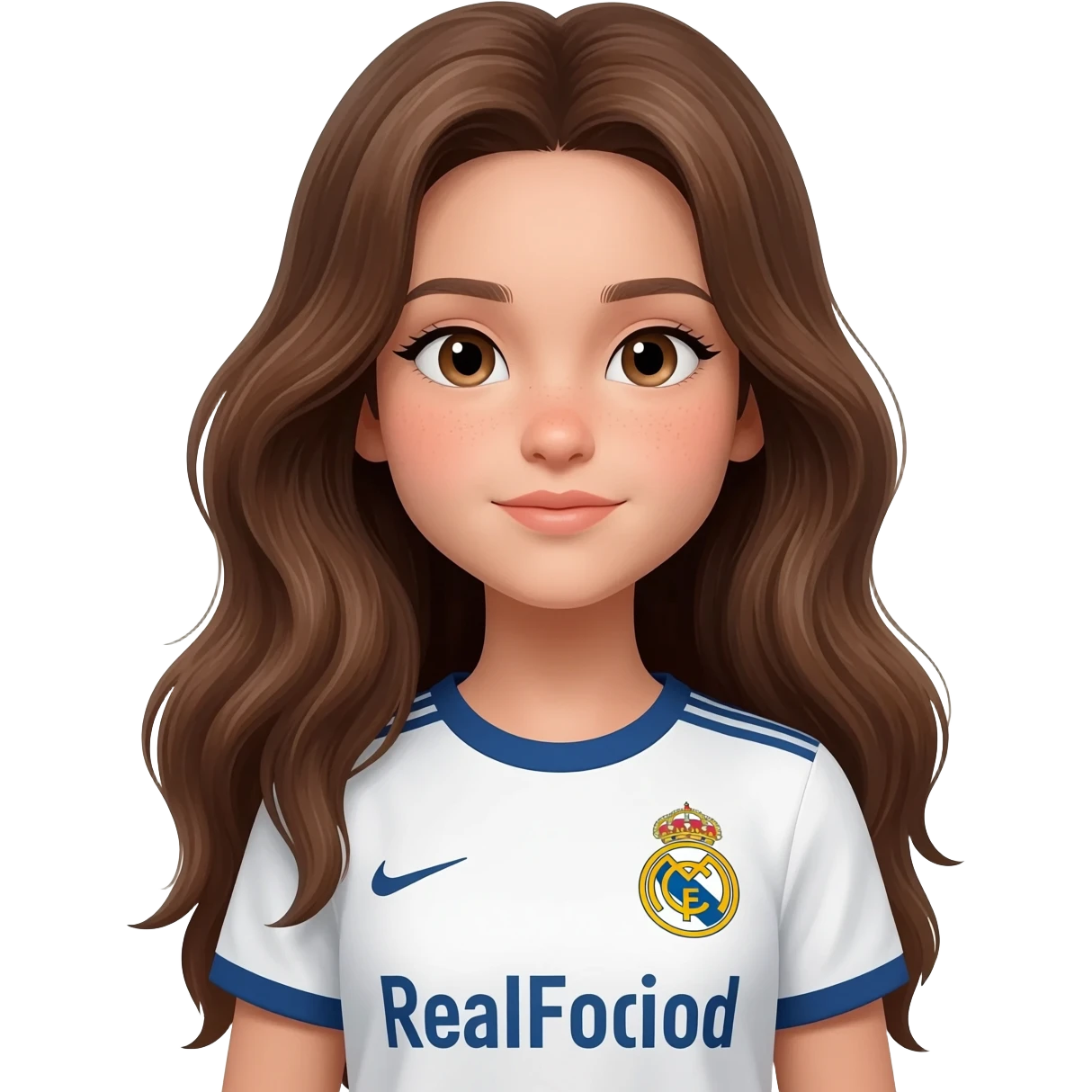 niña de 14 años muy muy guapa con el pelo largo con una camiseta Del Real Madrid emoji