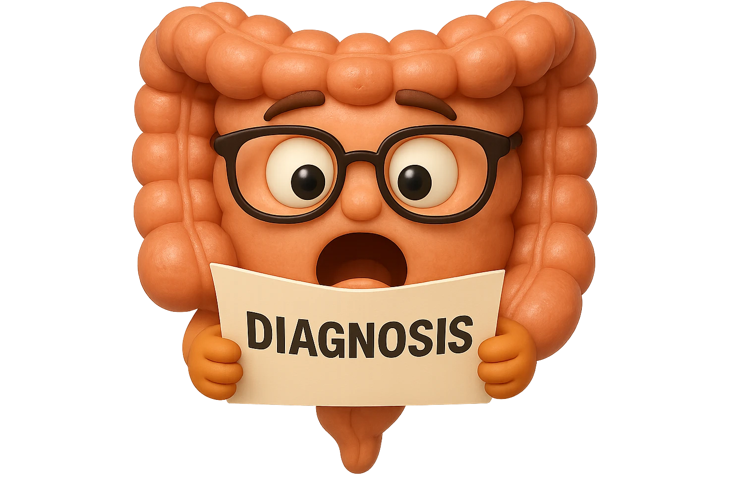 EMOJI STILE IPHONE DI UN INTESTINO CON GLI OCCHIALI CHE LEGGE UN FOGLIO CON LA SCRITTA DIAGNOSI, ESPRESSIONE STUPITA IN VOLTO, IPERREALISTICO 4K emoji