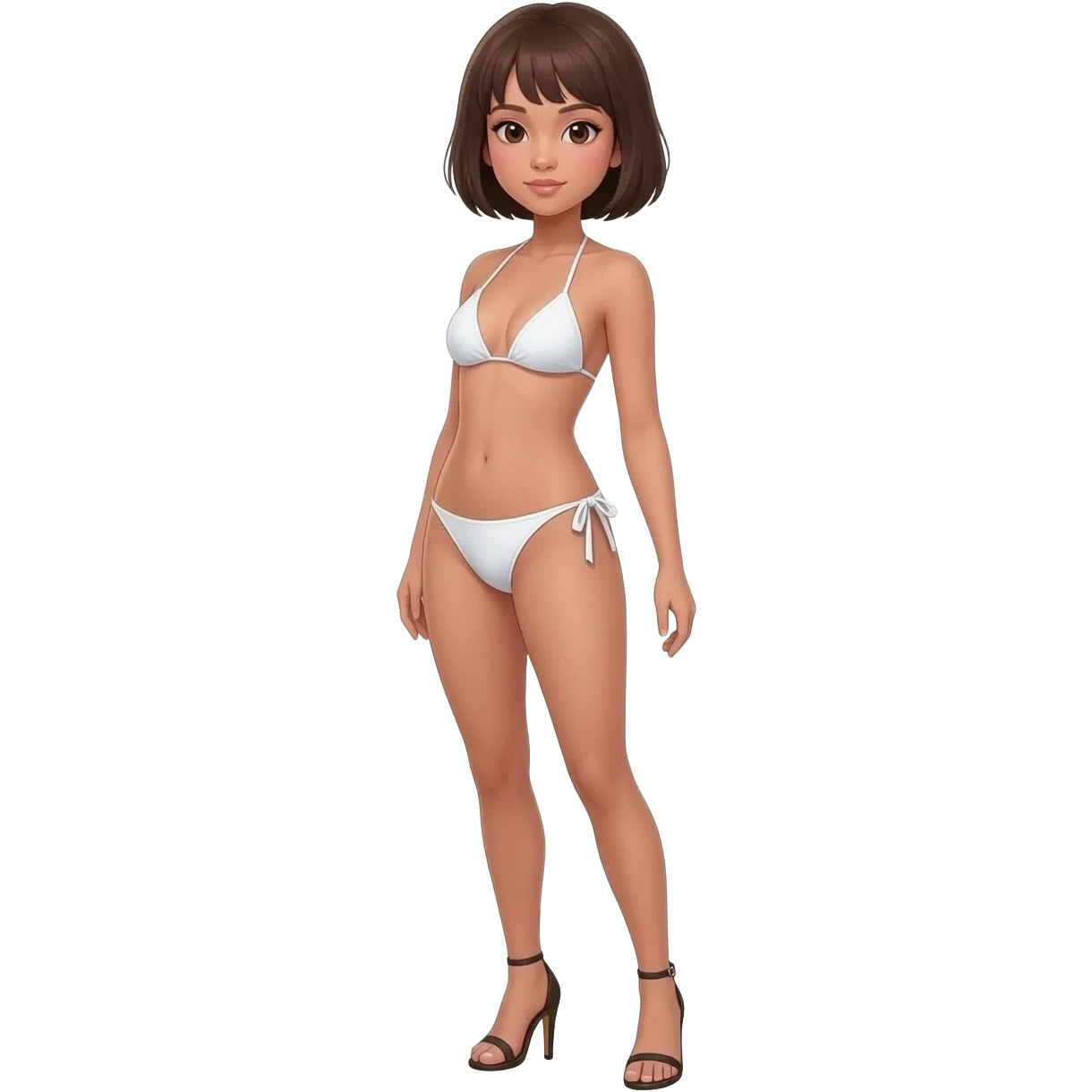 Filipino girl white triangle top bikini and tie tanga bikini bottom full body slim stand straight with high heels sandals brown short hair emoji