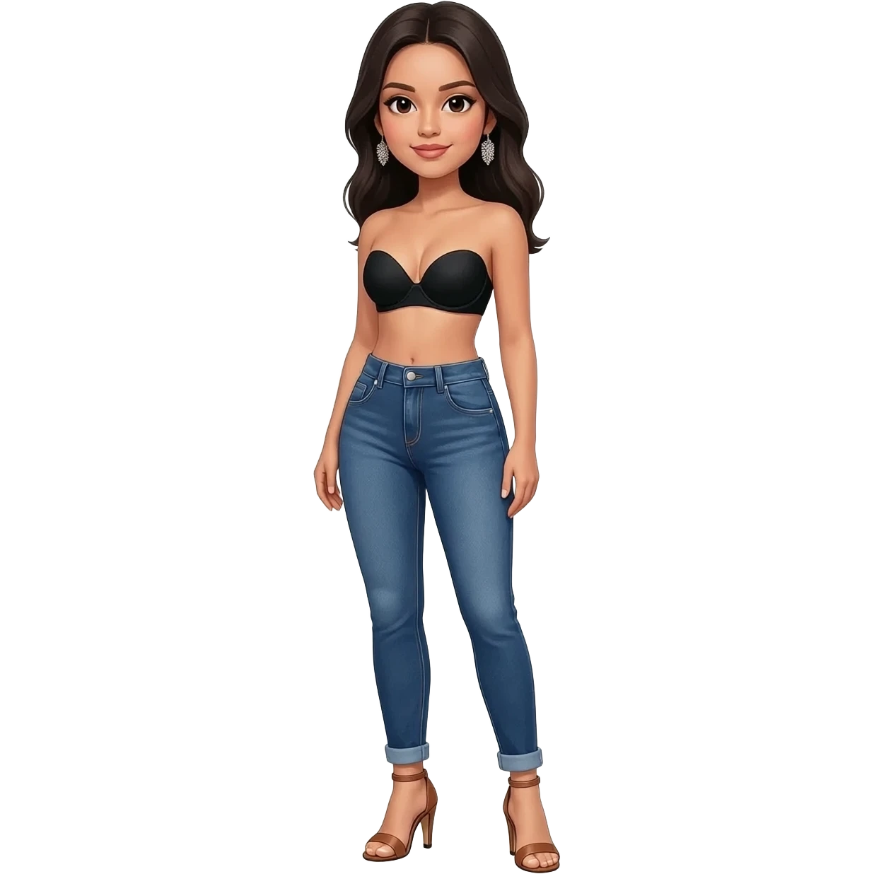 Filipino girl black bra strapless top and high waisted denim jeans  with feet stand straight body wear pageant high heels sandals brown emoji