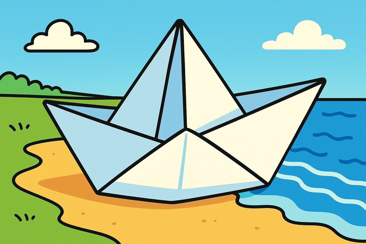 Un papirolo (barco de papel) en la orilla del mar, estilo cartoon, colores vivos, líneas marcadas, ambiente alegre y veraniego. emoji